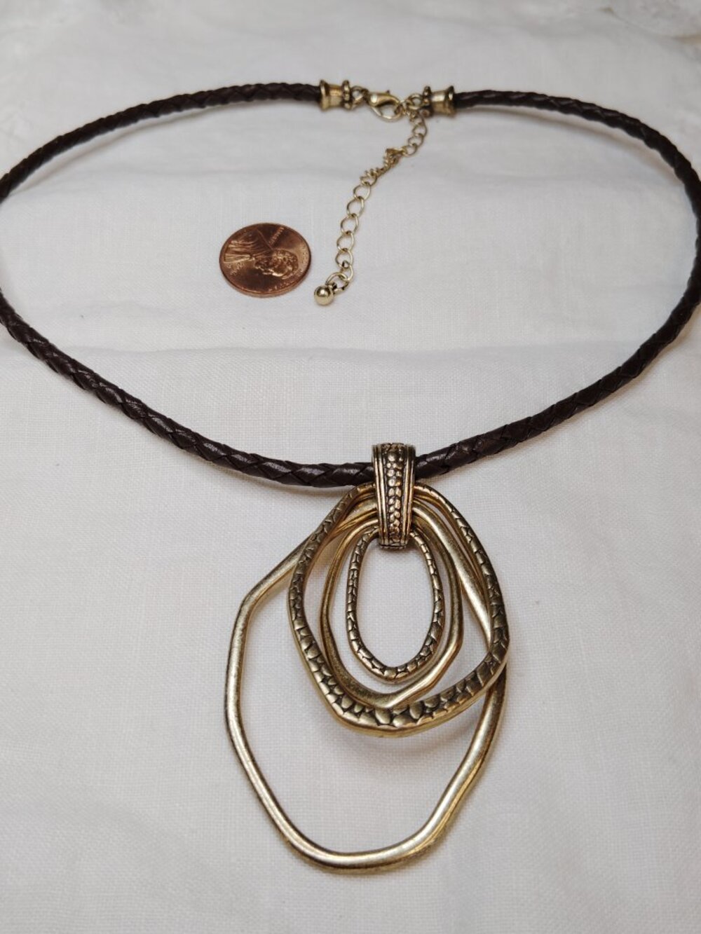Braided Brown Leather Necklace w/ Gold Tone 4‑Ring Pendant – 14"+3"